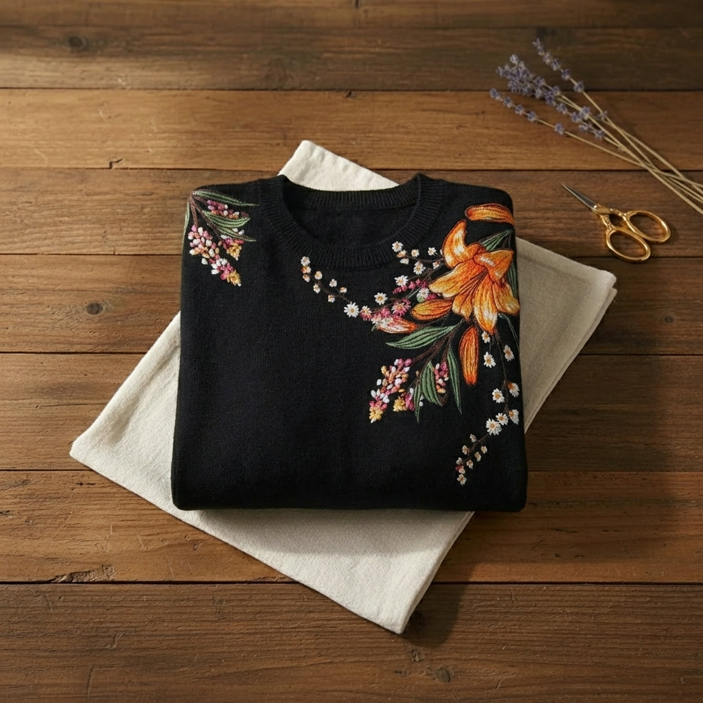 Midnight Bloom Floral Embroidered Knit Sweater