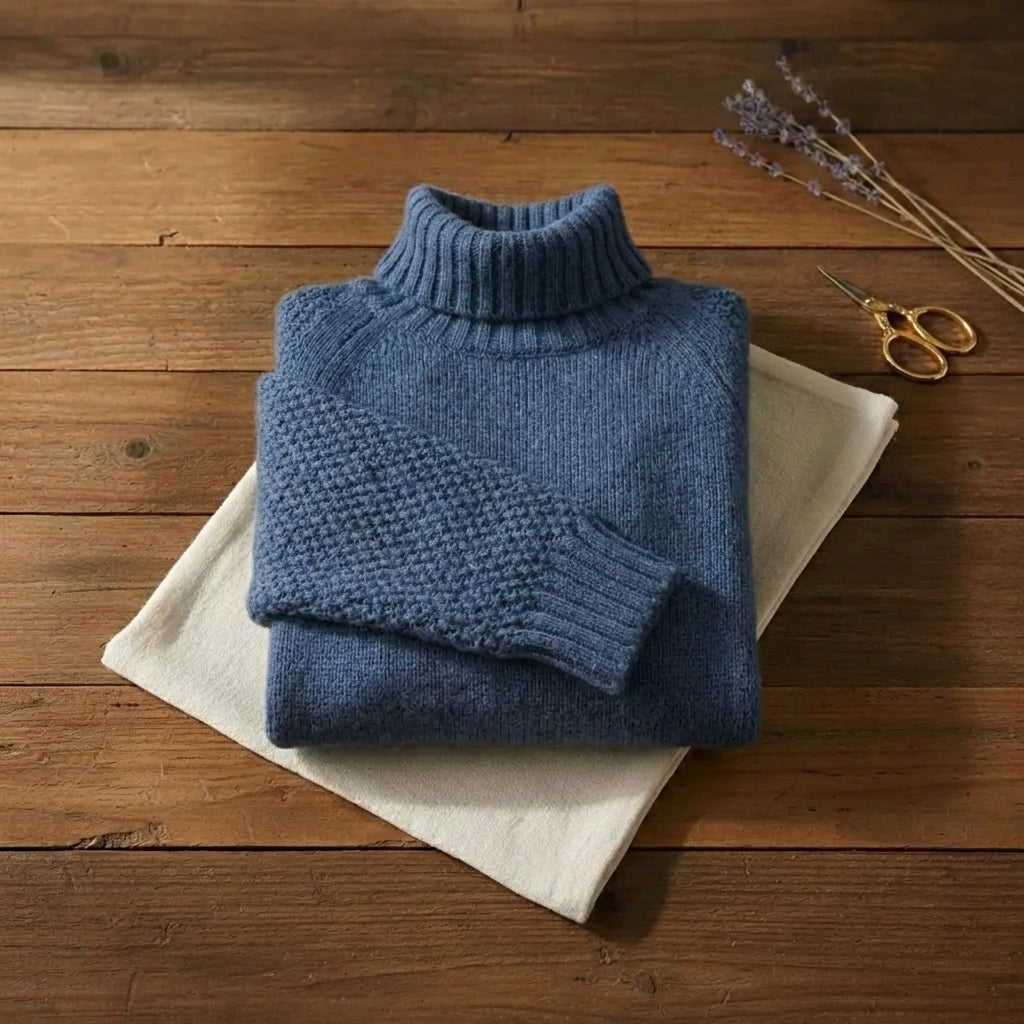 Ocean Depth Turtleneck Chunky Blue Raglan Knit Sweater