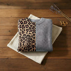 Shimmer Leopard Colorblock Knit Sequin & Grey Split Crewneck Sweater