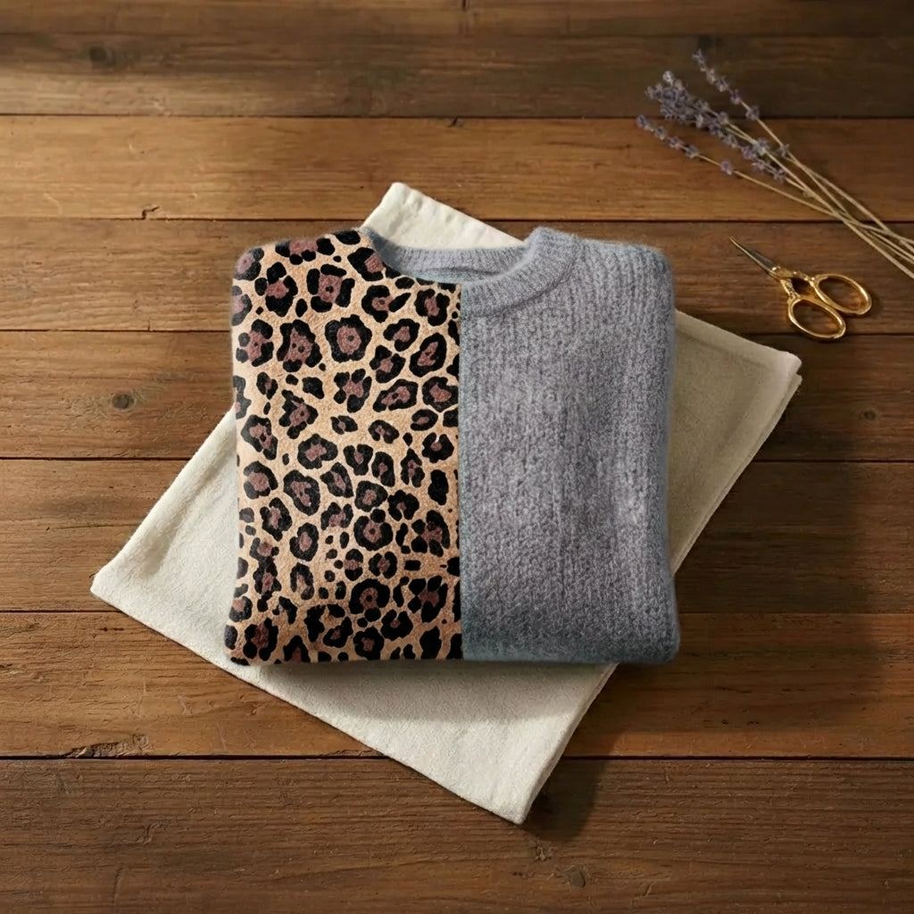 Shimmer Leopard Colorblock Knit Sequin & Grey Split Crewneck Sweater