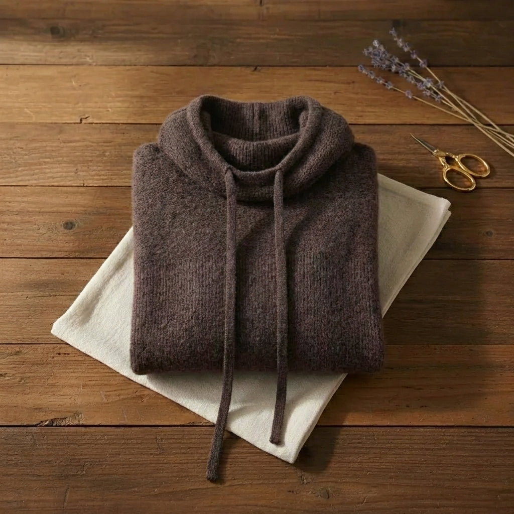 Espresso Drawstring Cowl Mocha Brown Hooded Knit Sweater