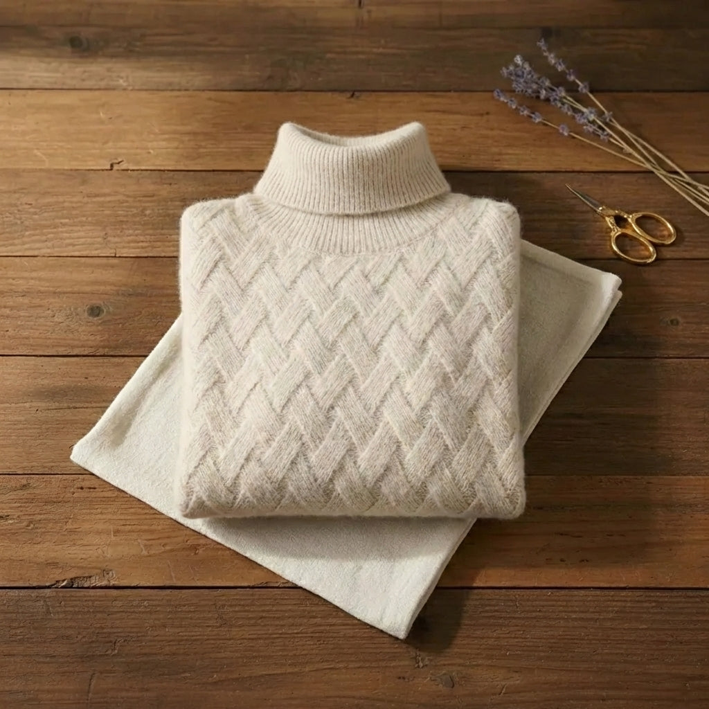 Ivory Basketweave Textured Turtleneck Knit Sweater