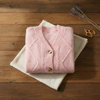 Blush Pink Diamond Cable Knit V Neck Button Cardigan