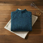 Deep Teal Cable Yoke Mock Neck Chunky Knit Sweater