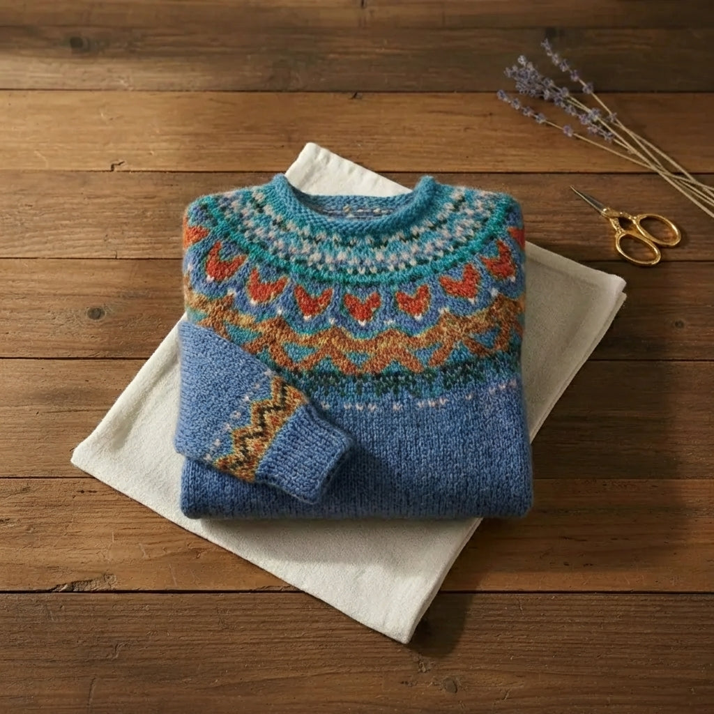 Denim Blue Bohemian Heart Fair Isle Crew Neck Sweater
