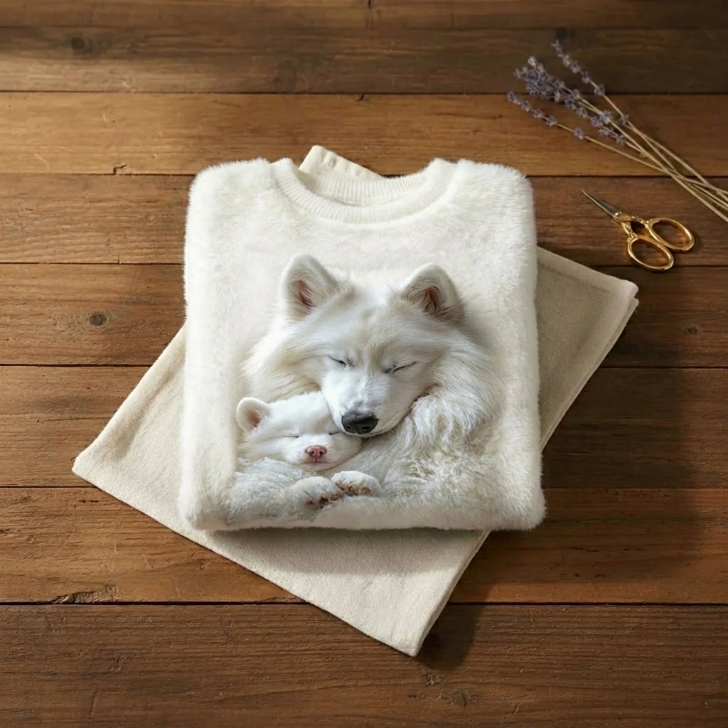 Arctic Dreams Fluffy Crewneck Ivory Samoyed Dog Graphic Sweater