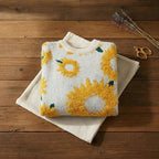 Ivory Oversized Sunflower Bouclé Jacquard Crew Neck Sweater