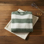 Sage & Cream Bold Stripe Oversized Crew Neck Sweater