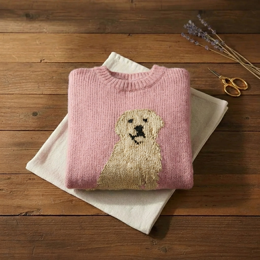 Golden Retriever Intarsia Crew Neck Sweater – Blush Pink