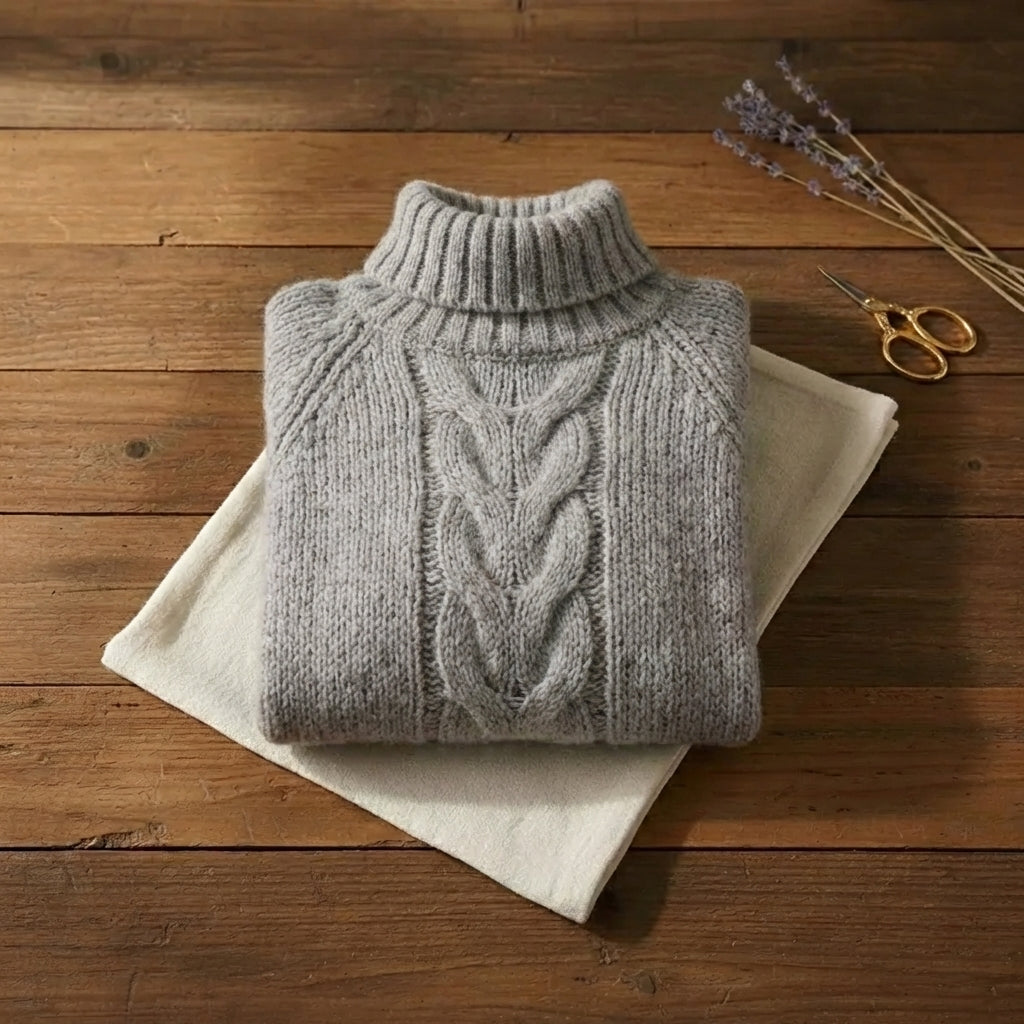 Silver Braid Turtleneck Grey Oversized Cable Knit Pullover