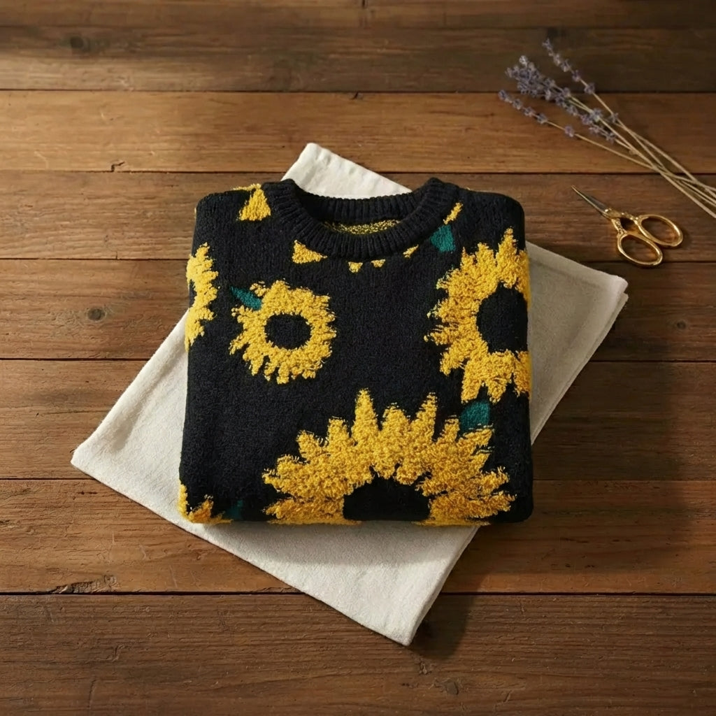 Sunflower Dream Knit Sweater Black Floral Jacquard Crewneck