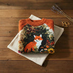 Burnt Orange Woodland Fox Intarsia Floral Crew Neck Sweater