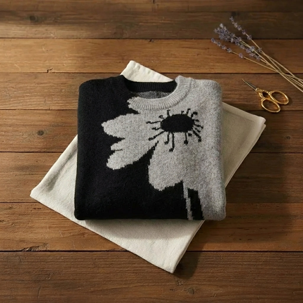 Midnight Bloom Intarsia Black & Grey Floral Crewneck
