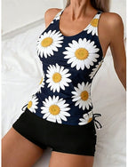 Swimwear Tankini 2 Piece High Waist Swimsuit Tummy Control High Waist Slim Backless Vacation Beach Wear U Neck Sleeveless Bathing Suits