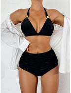 Bikini 2 Piece Swimsuit Briefs Slim Backless Vacation Beach Wear Color Halter Neck Sleeveless Bathing Suits