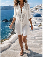 Mini Dress Faux Cotton Linen Shirt Dress White Dress Cover Up Hawaiian Beach Vacation Holiday Loose Fit Long Sleeve Shirt Collar Black White Summer
