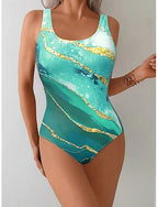 One Piece Swimsuit Slimming Monokini High Cut Tummy Control High Waist Slim Backless Vacation Graphic Geometric U Neck Sleeveless Bathing Suits