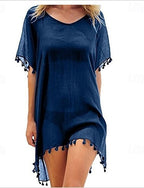 Swimwear Cover Up Beach Dresses Swimsuit Vacation Color Short Sleeves