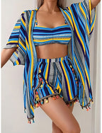 Swimwear Bikini Three Piece Shorts Swimsuit Slim Backless Vacation Beach Wear Striped Halter Neck Sleeveless Bathing Suits
