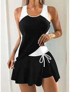 Swimwear Tankini 2 Piece Skirt Swimsuit Drawstring Tummy Control High Waist Slim Backless Vacation Beach Wear Color U Neck Sleeveless Bathing Suits