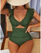 One Piece Swimsuit Slimming Ruched Cutout Monokini Tummy Control High Waist Slim Backless Vacation Color V Neck Sleeveless Bathing Suits
