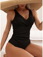 One Piece Swimsuit Slimming Ruched Monokini Tummy Control High Waist Slim Backless Vacation Beach Wear Color V Neck Sleeveless Bathing Suits
