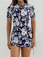 Swimwear 2 Piece Shorts Swimsuit Zipper Vacation Beach Wear Graphic Round Neck Short Sleeves Bathing Suits