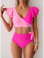 Bikini 2 Piece Swimsuit Colorblock Briefs Slim Backless Vacation Beach Wear Color Block V Neck Sleeveless Short Sleeves Bathing Suits
