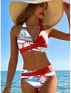 Bikini 2 Piece Swimsuit Cheeky Vacation Graphic V Neck Sleeveless Bathing Suits