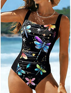 One Piece Swimsuit Slimming Ruched Monokini High Cut Tummy Control High Waist Backless Vacation Beach Wear Graphic Animal U Neck Sleeveless Bathing Suits