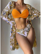 Swimwear Bikini Three Piece Cheeky Swimsuit Slim Backless Vacation Beach Wear Leaves Halter Neck Sleeveless Bathing Suits