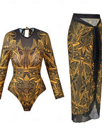 One Piece Swimsuit Slimming With Skirt Monokini Skirt Tummy Control High Waist Slim Backless Vacation Beach Wear Graphic Color Block Round Neck Long Sleeve Bathing Suits