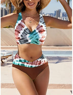 Bikini 2 Piece Swimsuit Ruched Colorblock Cheeky Slim Backless Vacation Beach Wear Graphic Geometric V Neck Sleeveless Bathing Suits
