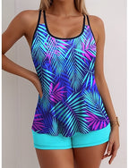 Tankini 2 Piece Swimsuit Palm High Waist Backless Vacation Beach Wear Graphic Geometic Scoop Neck Sleeveless Bathing Suits