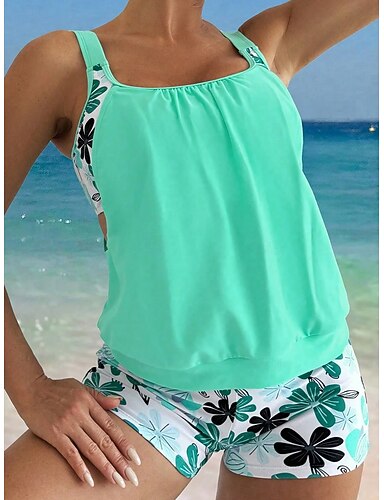 Swimwear 2 Piece High Waist Swimsuit Ruched Active Vacation Graphic U Neck Sleeveless Bathing Suits