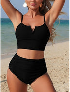 Swimwear Bikini 2 Piece High Waist Swimsuit Slim Backless Vacation Beach Wear Color V Neck Sleeveless Bathing Suits
