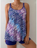Tankini 2 Piece Swimsuit High Waist Backless Vacation Beach Wear Ombre Graphic U Neck Sleeveless Bathing Suits