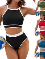 Bikini 2 Piece Swimsuit Colorblock Briefs Slim Backless Vacation Beach Wear Stripe Halter Neck Sleeveless Bathing Suits