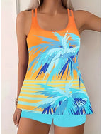 Tankini 2 Piece Swimsuit Palm Shorts Tummy Control High Waist Slim Backless Vacation Beach Wear Color Block U Neck Sleeveless Bathing Suits