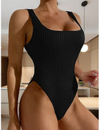 One-piece Tummy Control Bathing Suits Textured Square Neck Color Holiday Vacation Skinny Strapless Black White Swimwear