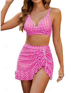 Swimwear Bikini 2 Piece Skirt Swimsuit Slim Backless Vacation Beach Wear Plaid Stripe V Neck Sleeveless Bathing Suits