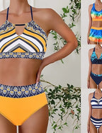 Bikini 2 Piece Swimsuit Colorblock Briefs Slim Backless Vacation Beach Wear Geometric Color Block Halter Neck Sleeveless Bathing Suits