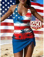Independence Day American Anniversary Patriotic Swimwear Tankini Skirt Swimsuit Vacation Graphic Flag Halter Neck Sleeveless Bathing Suits