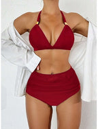 Bikini 2 Piece Swimsuit Briefs Slim Backless Vacation Beach Wear Color Halter Neck Sleeveless Bathing Suits