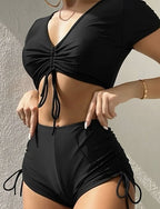 Swimwear 2 Piece Shorts Swimsuit Drawstring Vacation Beach Wear Color V Neck Short Sleeves Bathing Suits
