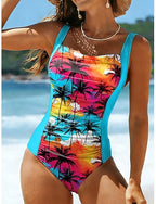 One Piece Swimsuit Slimming Ruched Palm Monokini High Cut Tummy Control High Waist Backless Vacation Beach Wear Graphic Tropical U Neck Sleeveless Bathing Suits