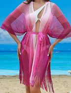 Swimwear Cover Up Swimsuit Fringe Hem Cut Out Vacation Beach Wear Ombre V Neck Long Sleeve Bathing Suits