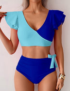 Swimwear 2 Piece Cheeky Swimsuit Ruched Patchwork Backless Vacation Beach Wear Color Block V Neck Sleeveless Bathing Suits
