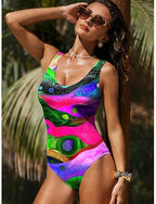 One Piece Swimsuit Slimming Monokini High Cut Tummy Control High Waist Slim Backless Vacation Graphic Geometric U Neck Sleeveless Bathing Suits