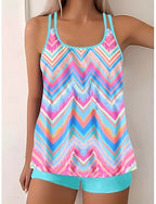 Tankini 2 Piece Swimsuit High Waist Tummy Control High Waist Slim Backless Vacation Beach Wear Ombre Geometric U Neck Sleeveless Bathing Suits